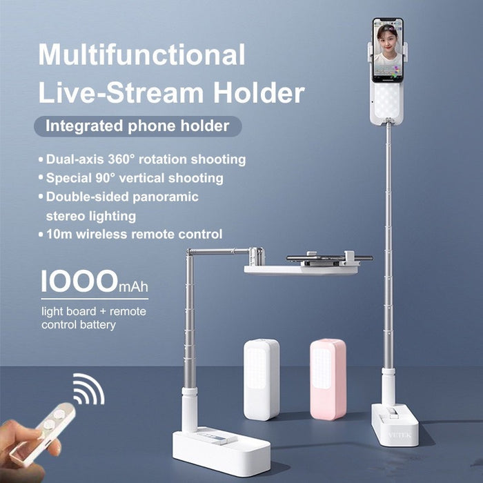 Portable Retractable tiktok / Livestream Broadcast Phone Holder Stand with Wireless Dimmable LED Selfie For Photo / Video