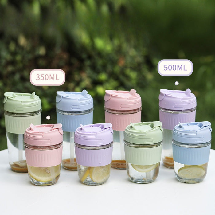 [Buy 6 Get 10% Off] Portable Glass Cup with Dual Lid | Direct Drink & Straw Design | Leakproof & Heat-Resistant Reusable Cup