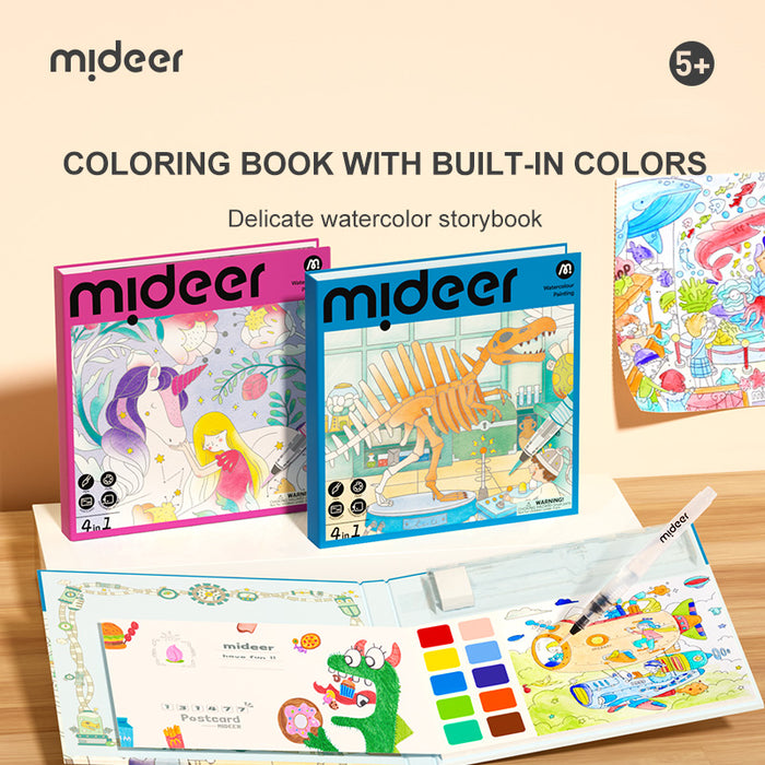 Mideer 4-in-1 Watercolor Painting Book Set Portable Travel Art Kit with Brush Kids Coloring Storybook