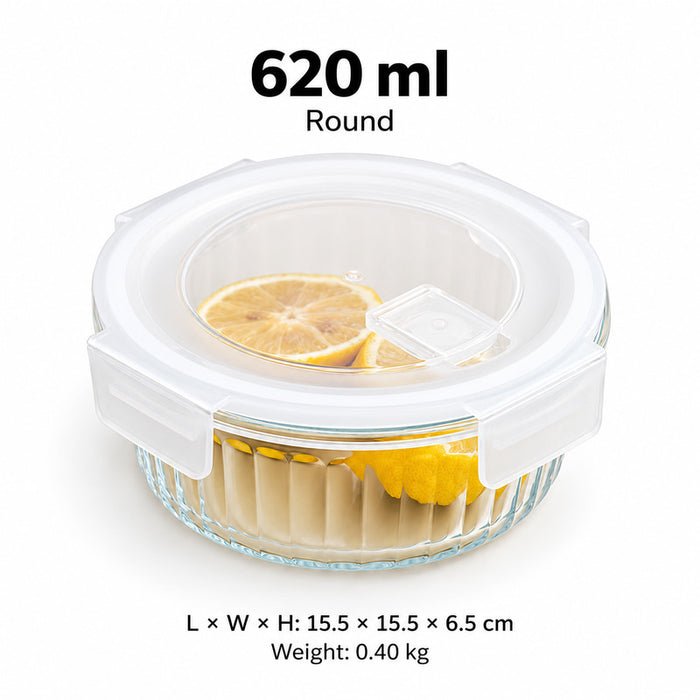 Ribbed Borosilicate Glass Food Lunch Box Container with Lid & Steam Vent Microwave & Oven Safe Fridge & Freezer Storage