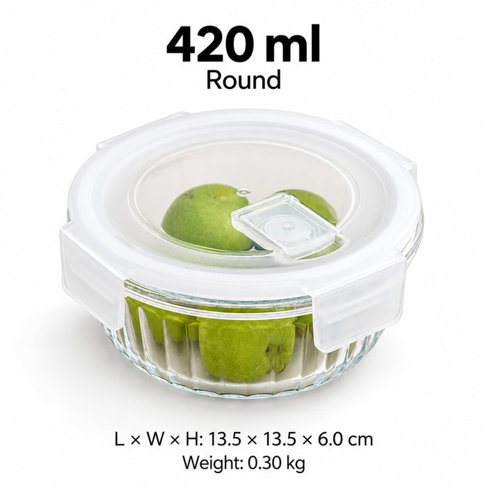 Ribbed Borosilicate Glass Food Lunch Box Container with Lid & Steam Vent Microwave & Oven Safe Fridge & Freezer Storage