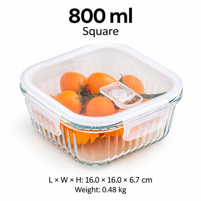Ribbed Borosilicate Glass Food Lunch Box Container with Lid & Steam Vent Microwave & Oven Safe Fridge & Freezer Storage