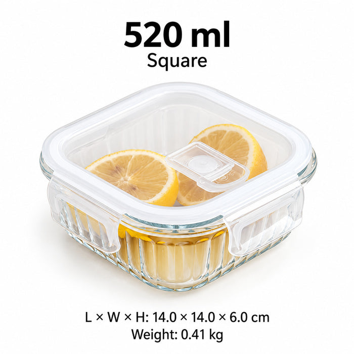 Ribbed Borosilicate Glass Food Lunch Box Container with Lid & Steam Vent Microwave & Oven Safe Fridge & Freezer Storage