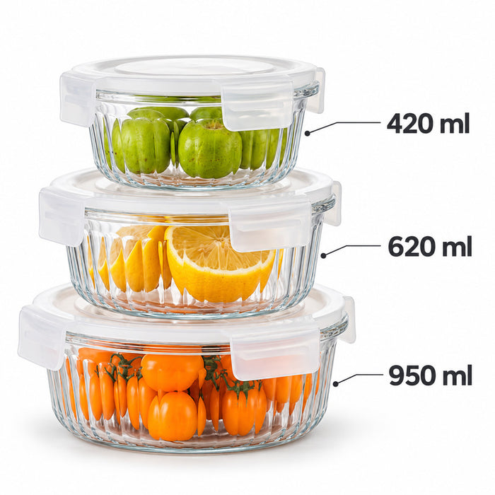 Ribbed Borosilicate Glass Food Lunch Box Container with Lid & Steam Vent Microwave & Oven Safe Fridge & Freezer Storage