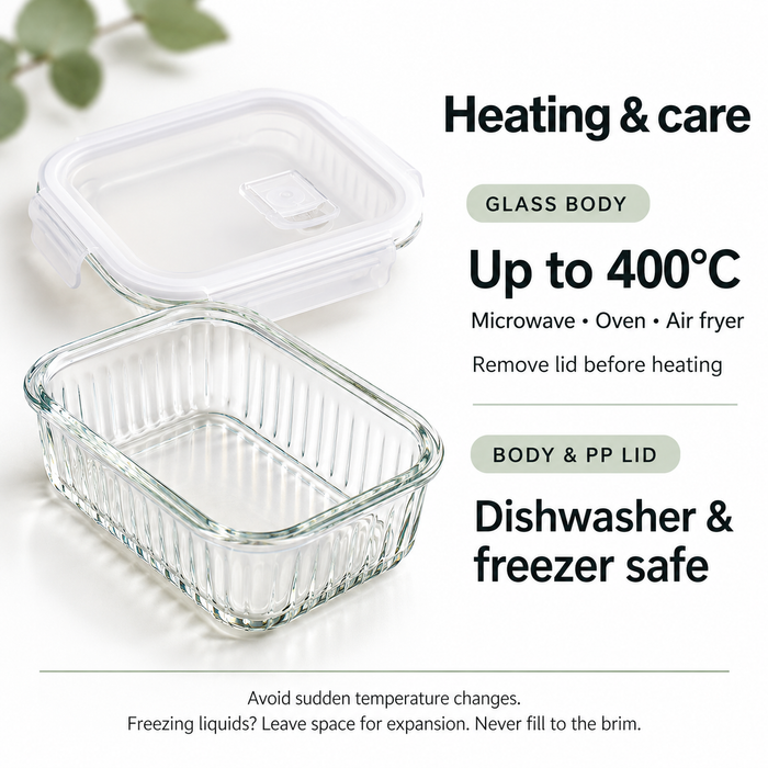 Ribbed Borosilicate Glass Food Lunch Box Container with Lid & Steam Vent Microwave & Oven Safe Fridge & Freezer Storage