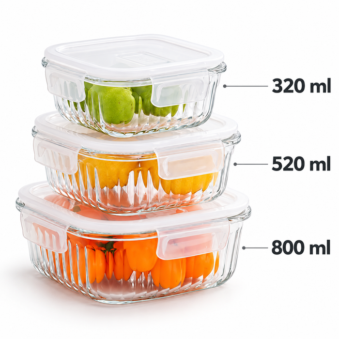 Ribbed Borosilicate Glass Food Lunch Box Container with Lid & Steam Vent Microwave & Oven Safe Fridge & Freezer Storage