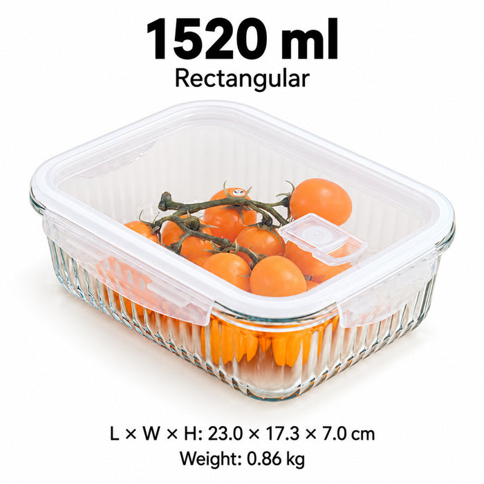Ribbed Borosilicate Glass Food Lunch Box Container with Lid & Steam Vent Microwave & Oven Safe Fridge & Freezer Storage