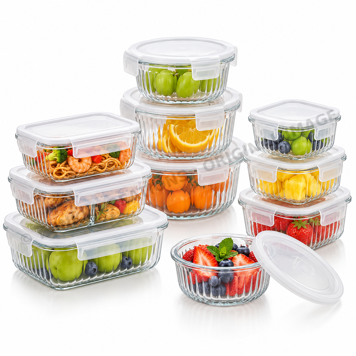 Ribbed Borosilicate Glass Food Lunch Box Container with Lid & Steam Vent Microwave & Oven Safe Fridge & Freezer Storage