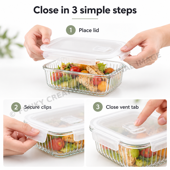 Ribbed Borosilicate Glass Food Lunch Box Container with Lid & Steam Vent Microwave & Oven Safe Fridge & Freezer Storage