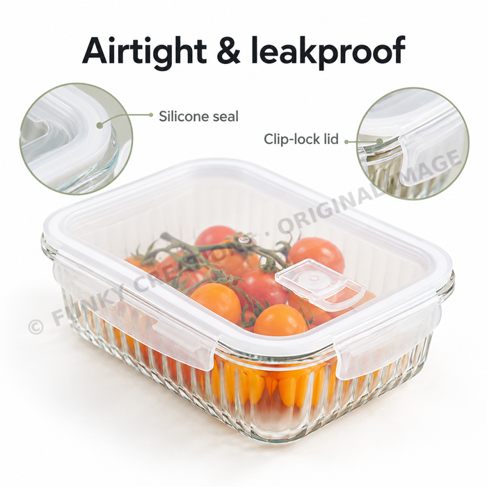 Ribbed Borosilicate Glass Food Lunch Box Container with Lid & Steam Vent Microwave & Oven Safe Fridge & Freezer Storage