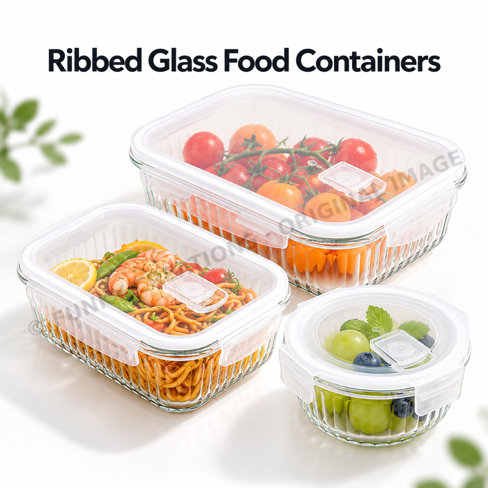 Ribbed Borosilicate Glass Food Lunch Box Container with Lid & Steam Vent Microwave & Oven Safe Fridge & Freezer Storage