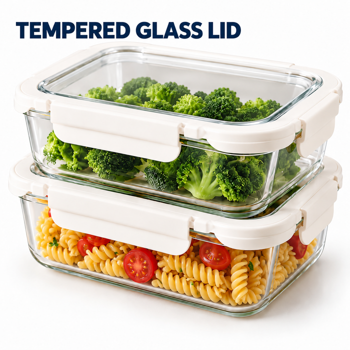 Tempered Lid Borosilicate Glass Container Four-Side Locking Clips Leakproof Microwave Oven Dishwasher Freezer BPA-Free