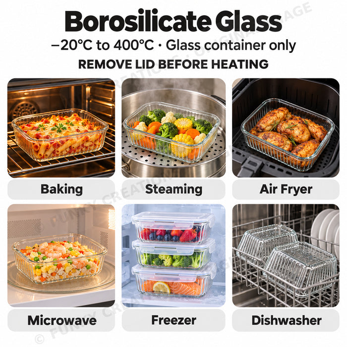Ribbed Borosilicate Glass Container Four-Side Locking Clips Leakproof Lids Microwave Oven Dishwasher Freezer BPA-Free
