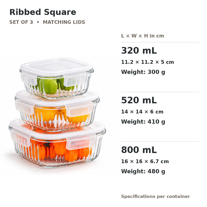 Ribbed Borosilicate Glass Container Four-Side Locking Clips Leakproof Lids Microwave Oven Dishwasher Freezer BPA-Free