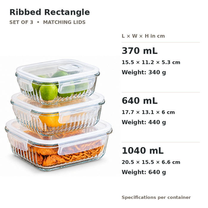 Ribbed Borosilicate Glass Container Four-Side Locking Clips Leakproof Lids Microwave Oven Dishwasher Freezer BPA-Free