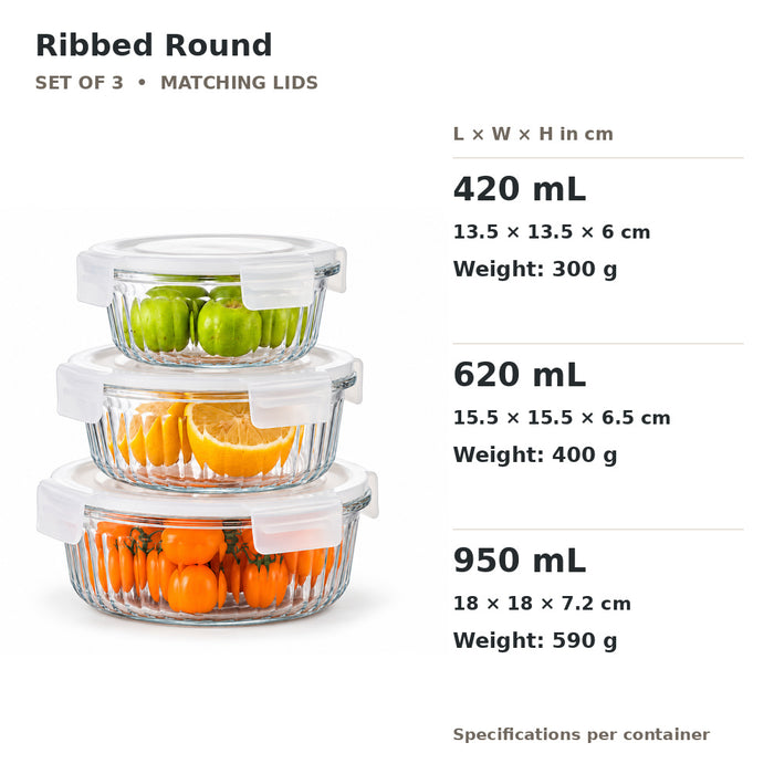 Ribbed Borosilicate Glass Container Four-Side Locking Clips Leakproof Lids Microwave Oven Dishwasher Freezer BPA-Free