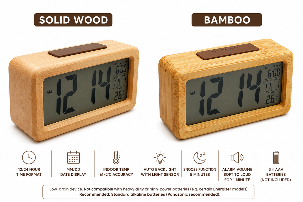 Digital Wooden Alarm Clock With Auto Backlight Display – FUNKY.sg
