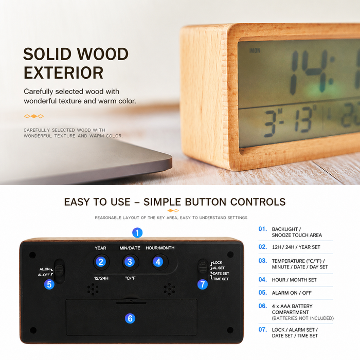 Digital Wooden Alarm Clock With Temperature & Humidity Display – FUNKY.sg