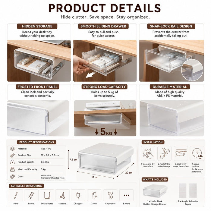 Under Desk Hidden Drawer Organizer Self-Adhesive Stationery Storage | Invisible Space-Saver