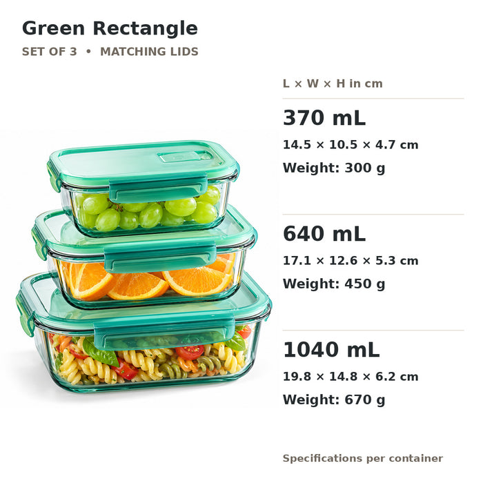 Full Green Borosilicate Glass Container Four-Side Locking Clips Leakproof Lids Microwave Oven Dishwasher Freezer BPA-Free