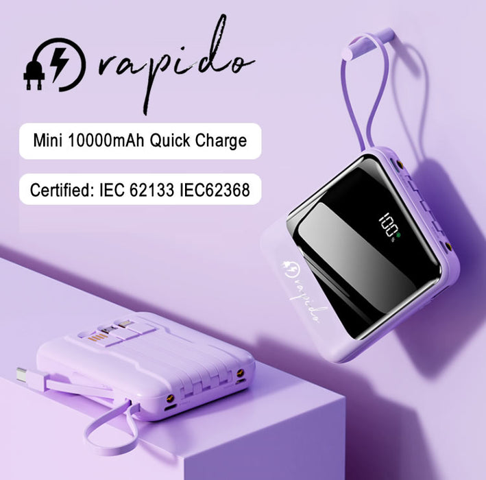 Rapido 10000mAh Quick Charge Powerbank with Detachable Cable IEC 62133 Certified