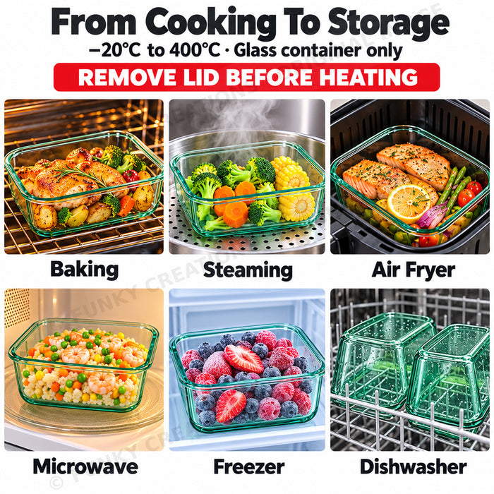 Full Green Borosilicate Glass Container Four-Side Locking Clips Leakproof Lids Microwave Oven Dishwasher Freezer BPA-Free