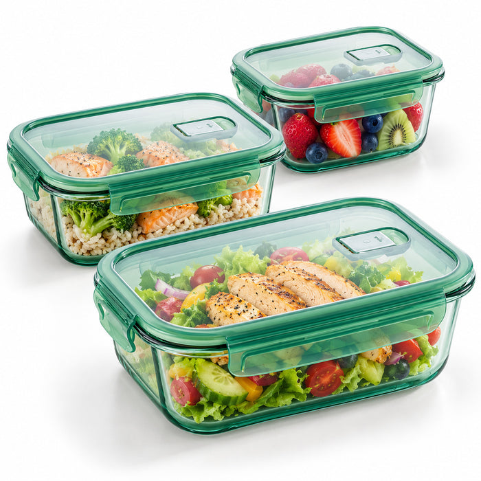Full Green Borosilicate Glass Container Four-Side Locking Clips Leakproof Lids Microwave Oven Dishwasher Freezer BPA-Free