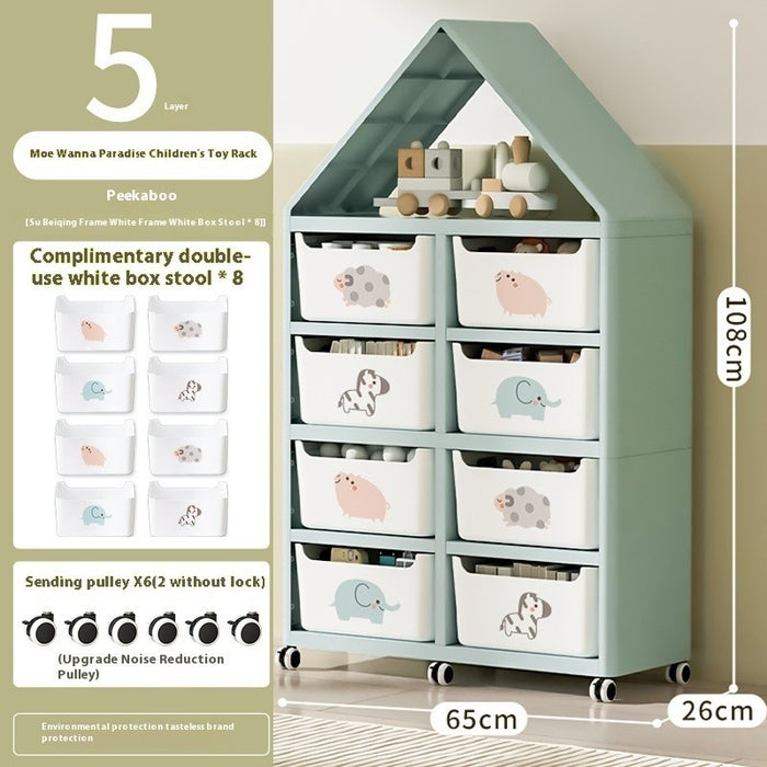 [PREORDER 20 DAYS] Kids Toy Storage Cabinet & Bookshelf | 2-in-1 Organizer | Holds 200 Books | Bins Double as Stool | Playroom Storage