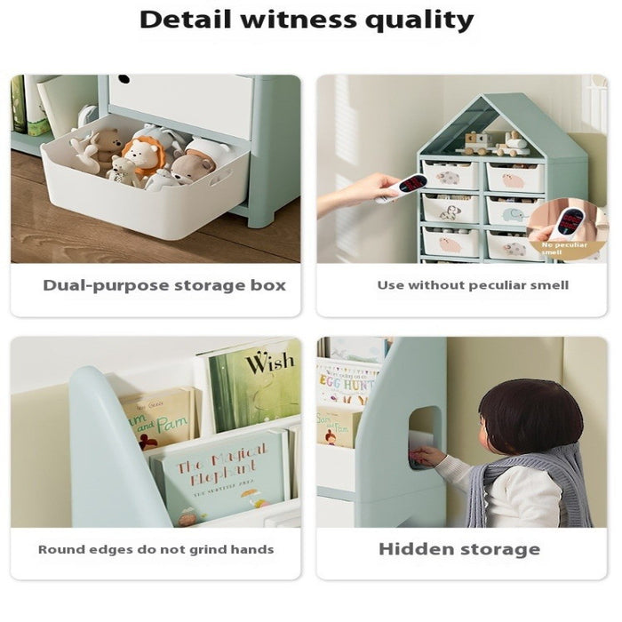 [PREORDER 20 DAYS] Kids Toy Storage Cabinet & Bookshelf | 2-in-1 Organizer | Holds 200 Books | Bins Double as Stool | Playroom Storage