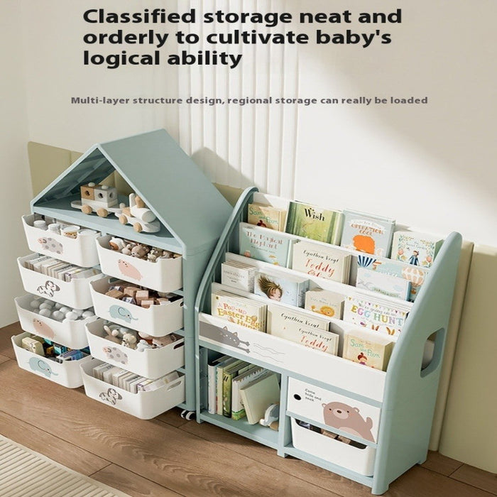 [PREORDER 20 DAYS] Kids Toy Storage Cabinet & Bookshelf | 2-in-1 Organizer | Holds 200 Books | Bins Double as Stool | Playroom Storage