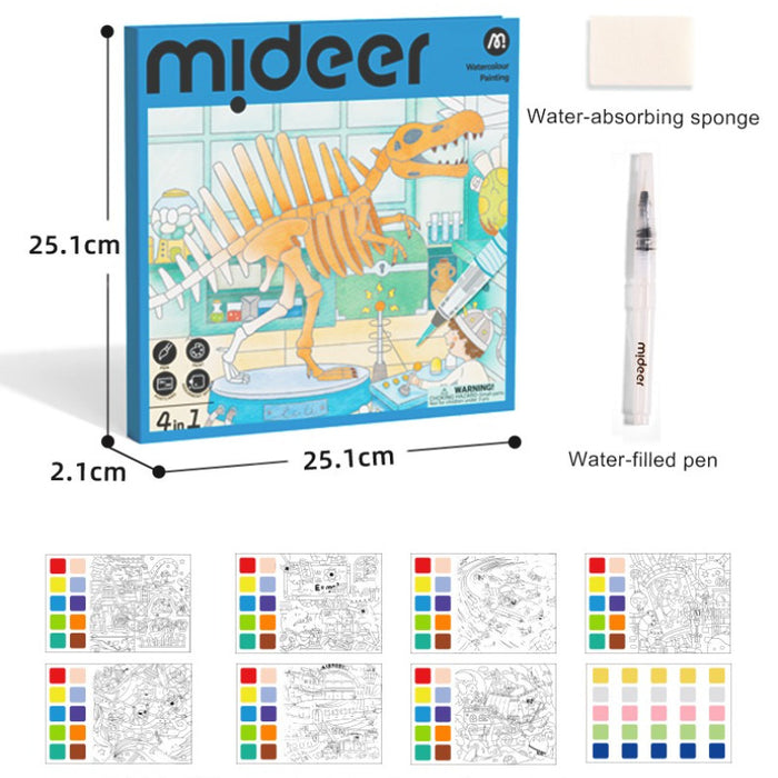 Mideer 4-in-1 Watercolor Painting Book Set Portable Travel Art Kit with Brush Kids Coloring Storybook
