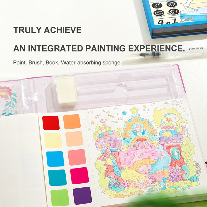 Mideer 4-in-1 Watercolor Painting Book Set Portable Travel Art Kit with Brush Kids Coloring Storybook