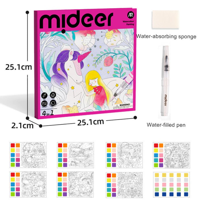Mideer 4-in-1 Watercolor Painting Book Set Portable Travel Art Kit with Brush Kids Coloring Storybook