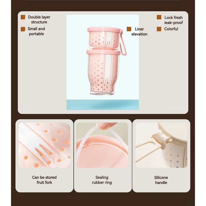 Portable Double-Layer Fruit Cup with Strainer & Fork