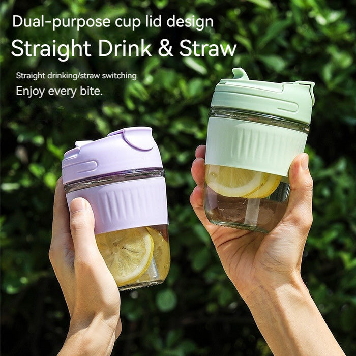 [Buy 6 Get 10% Off] Portable Glass Cup with Dual Lid | Direct Drink & Straw Design | Leakproof & Heat-Resistant Reusable Cup