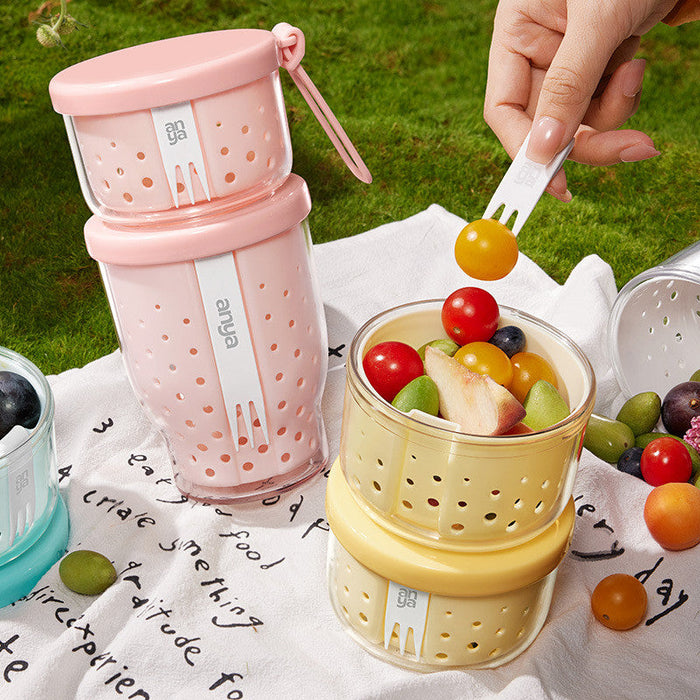 Portable Double-Layer Fruit Cup with Strainer & Fork