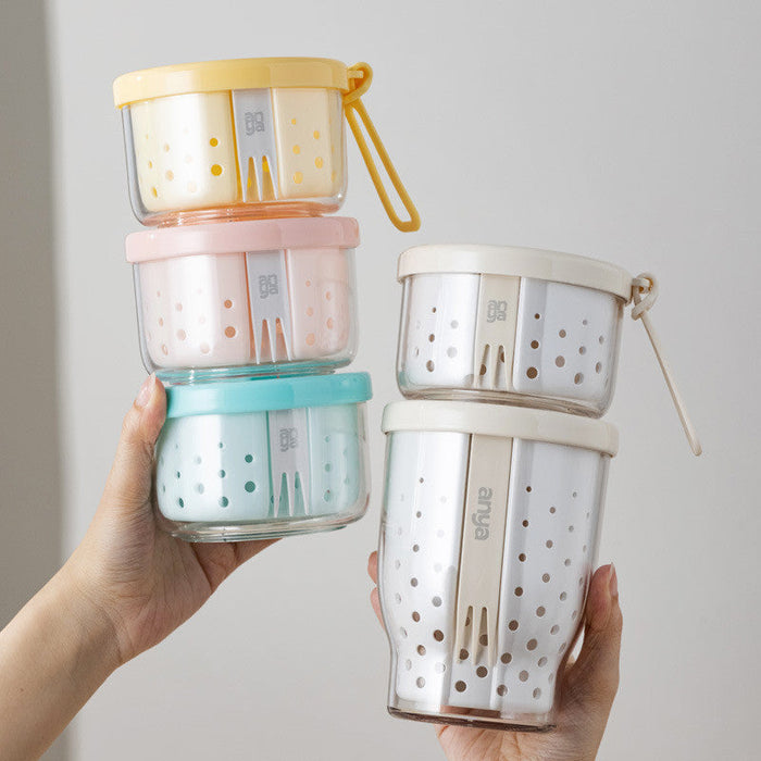 Portable Double-Layer Fruit Cup with Strainer & Fork