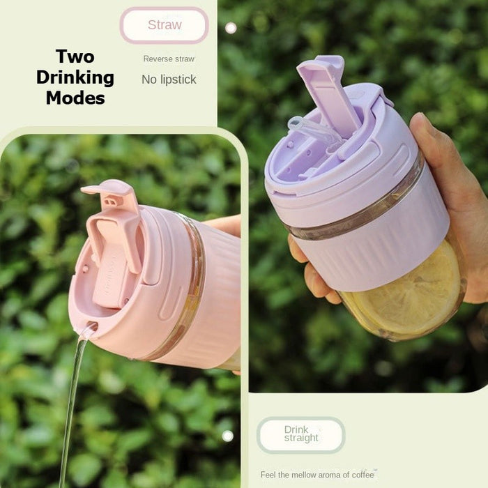 [Buy 6 Get 10% Off] Portable Glass Cup with Dual Lid | Direct Drink & Straw Design | Leakproof & Heat-Resistant Reusable Cup