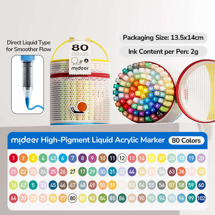 Mideer High-Pigment Direct Liquid Acrylic Marker Pen Set (24/36/60/80 Colors)