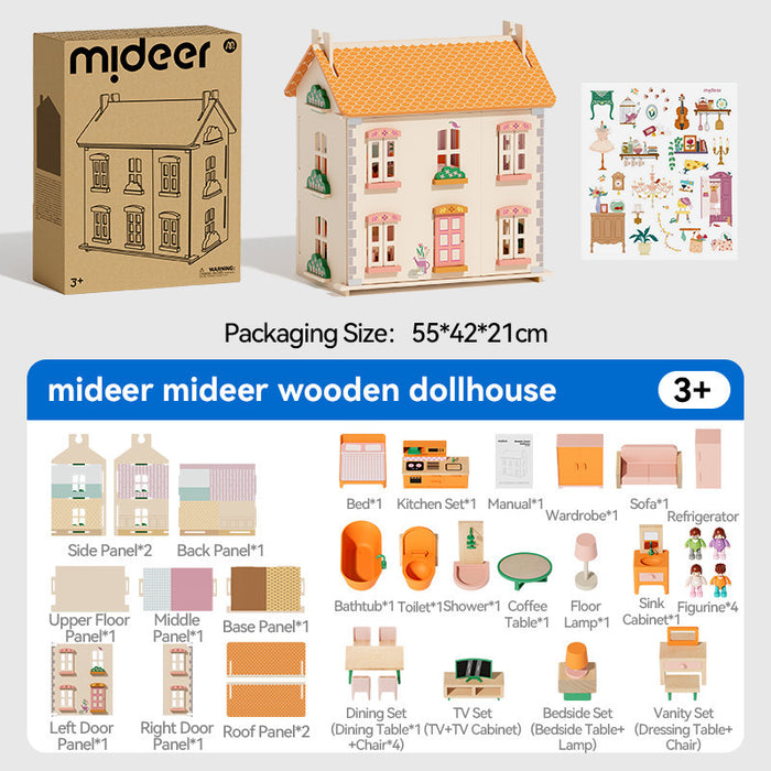 [Buy 4 for 8% off] [Preorder 20 days ] Mideer Wooden Dollhouse – 3-Storey Dream Home with Furniture & Figurines
