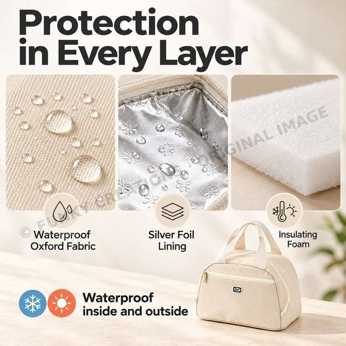 Insulated Waterproof Lunch Bag with Handle Cream Color Cooler Bag 30 x 25 x 18.5cm