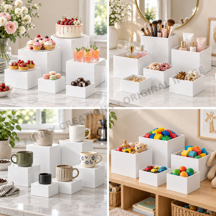Set of 6 Reversible White Square Cake Stand Display Storage Tabletop Organizer for Cupcakes and Desserts