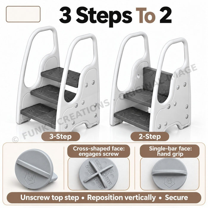 Kids Folding Step Stool 3 Step Ladder with Handles Gray White Home Use - FUNKY.sg