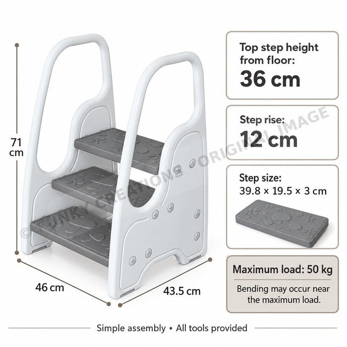 Kids Folding Step Stool 3 Step Ladder with Handles Gray White Home Use - FUNKY.sg