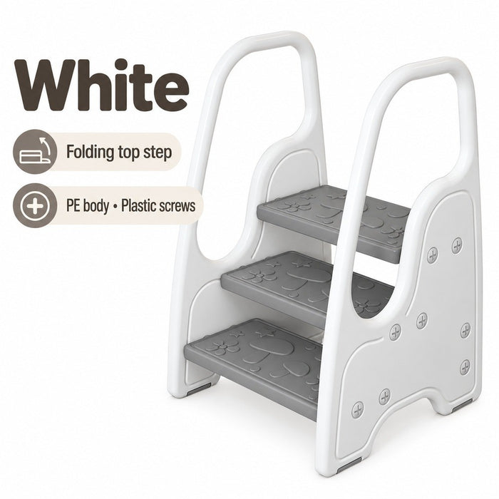 Kids Folding Step Stool 3 Step Ladder with Handles Gray White Home Use - FUNKY.sg