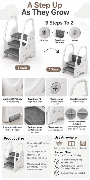 Kids Folding Step Stool 3 Step Ladder with Handles Gray White Home Use - FUNKY.sg