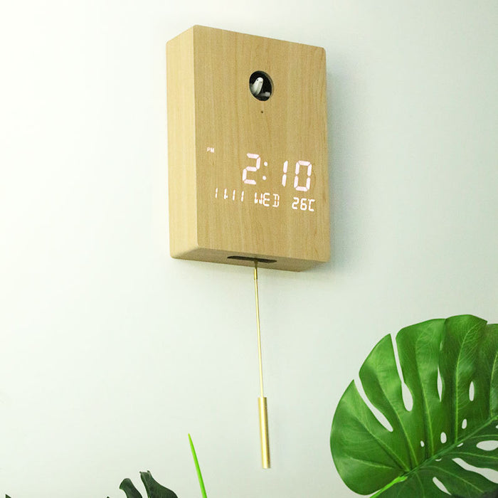 Cuckoo Smart Sensor LED Digital Wood Wall Clock / Table Clock with Forest and Waterfall Cuckoo Sound