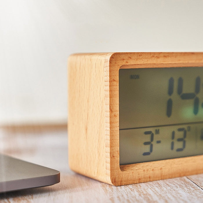 Bamboo Digital LED Alarm Clock with Snooze /Date/Temperature /Humidity /Night light Desktop Electronic Clock