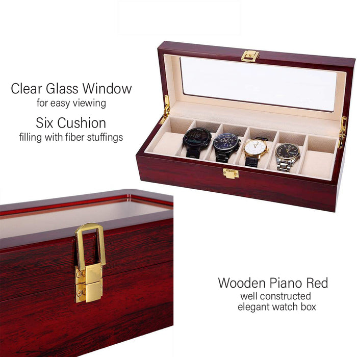 6 slots Watch Storage Box Display Piano Wood in Gold Hardware
