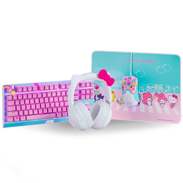 Razer Hello Kitty SANRIO Pink COMBO 4pcsWired Keyboard Exclusive 87-key Backlit Gaming Keyboard, Mouse, Mousepad , Headset